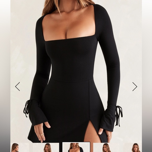 Oh Polly, Baize Square Neck Long Sleeve Mini Dress in Black - Picture 4 of 4